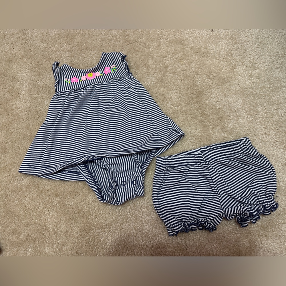 Baby Girl Summer time Carter’s Blue Pinstriped Romper Dress and Shorts